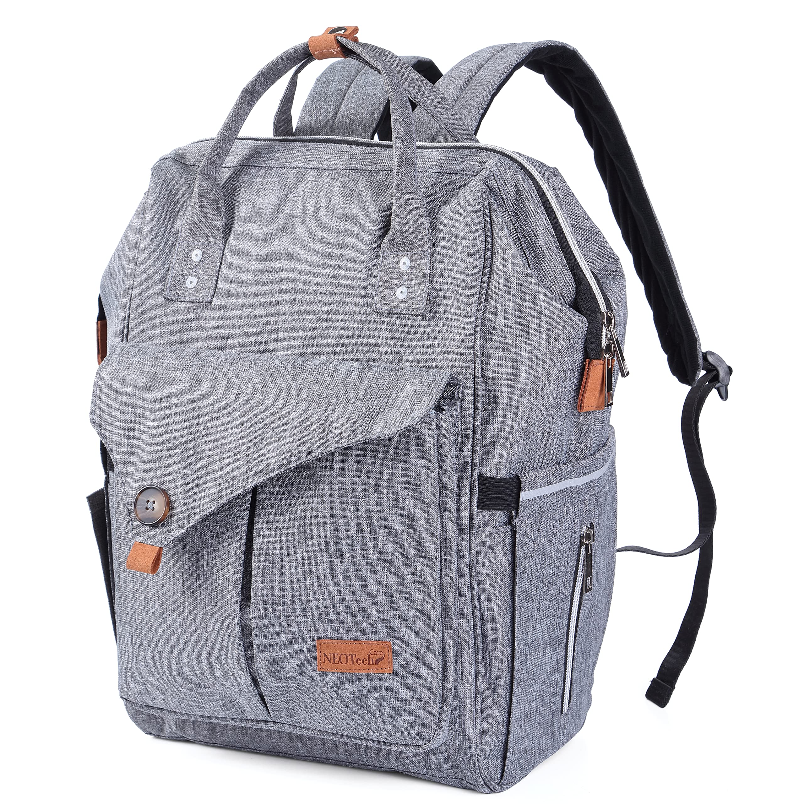 NeoTech Care diaper bag backpack gray open for easy access during diaper changes