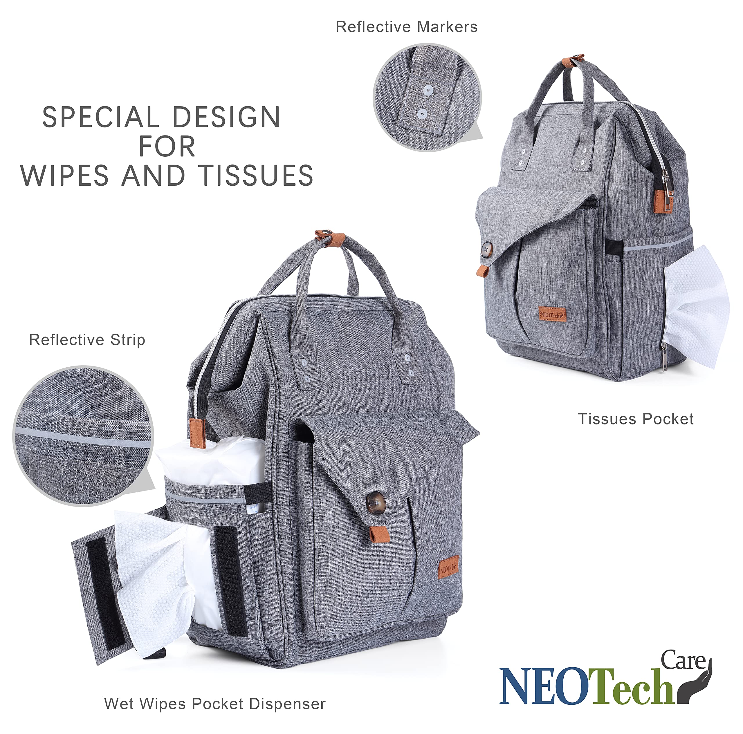 NeoTech Care diaper bag backpack gray tissue pocket ready for tissues