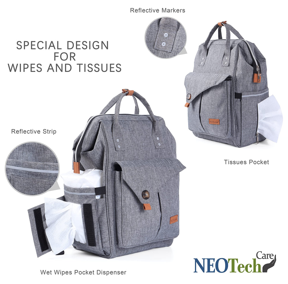 NeoTech Care diaper bag backpack gray tissue pocket ready for tissues