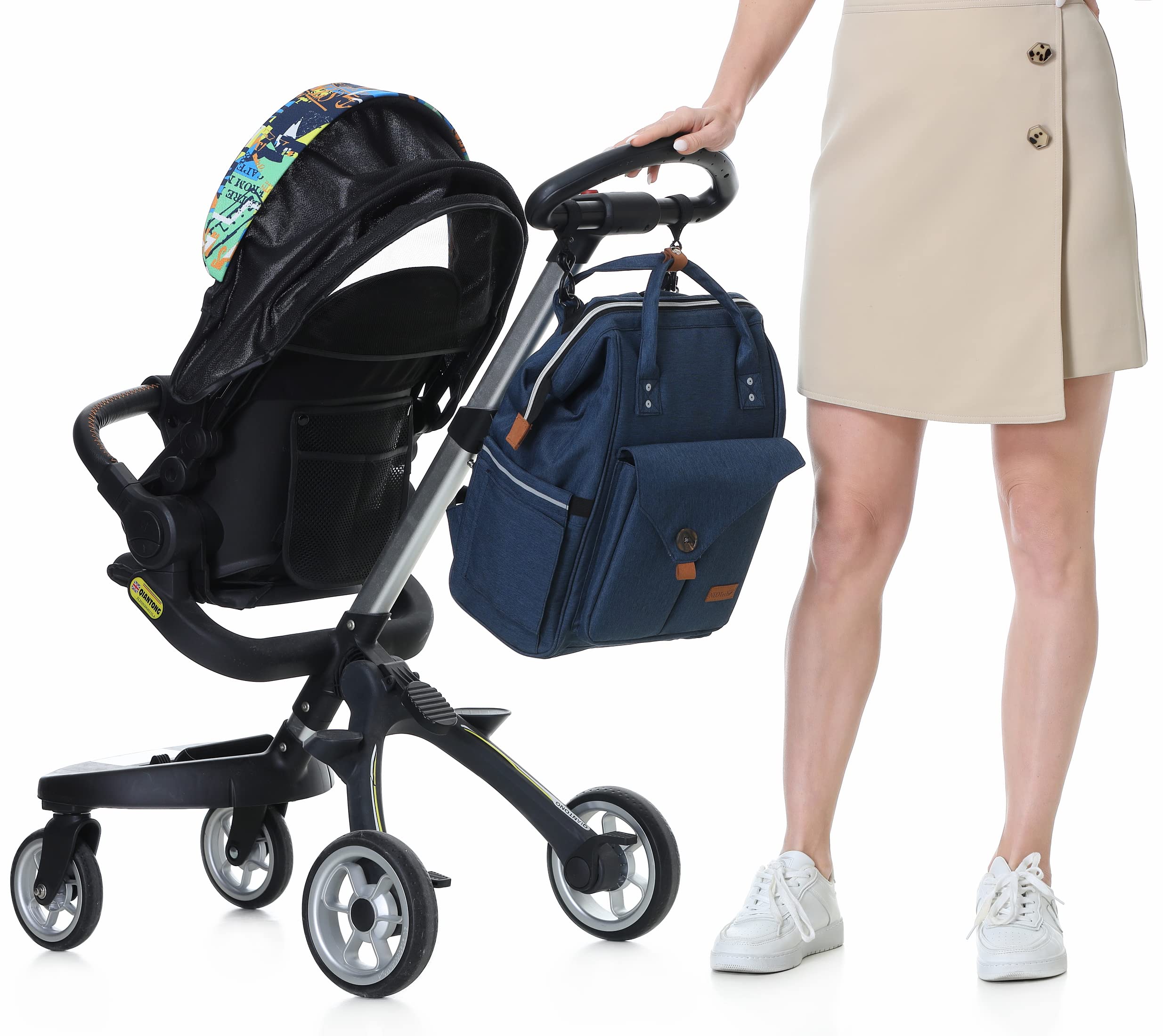 NeoTech Care diaper bag blue anti-theft back pocket for secure valuables on trips.
