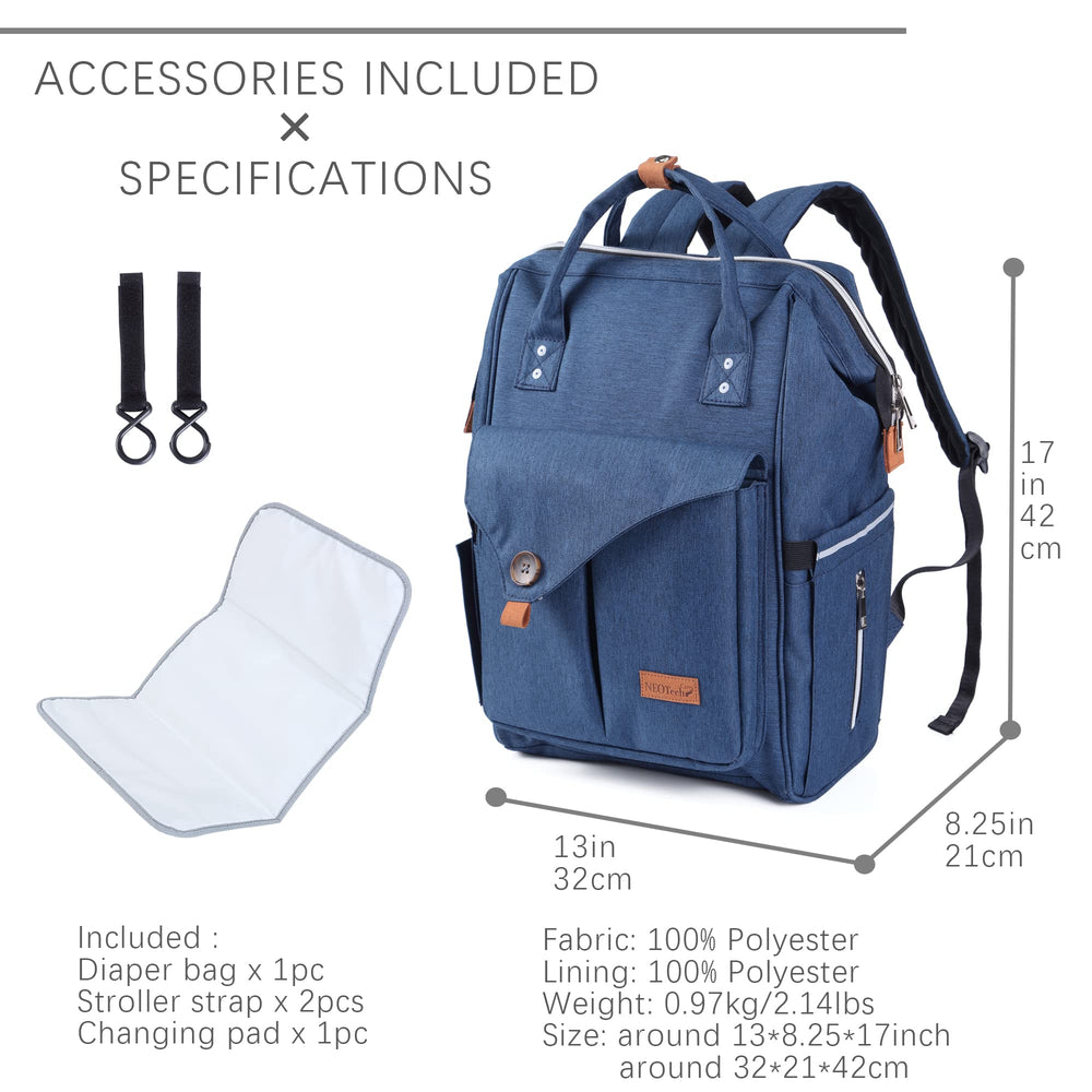 NeoTech Care diaper bag blue shows detachable stroller straps for stroller-ready organization.