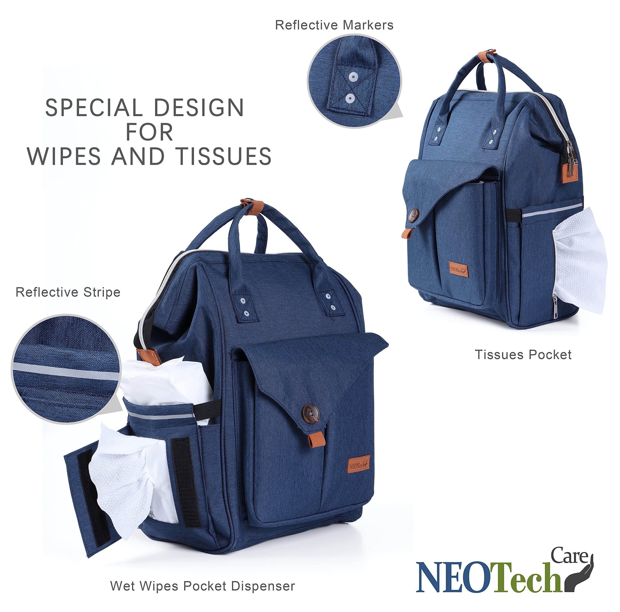 NeoTech Care diaper bag blue wet wipes pocket dispenser for fast, organized changes.