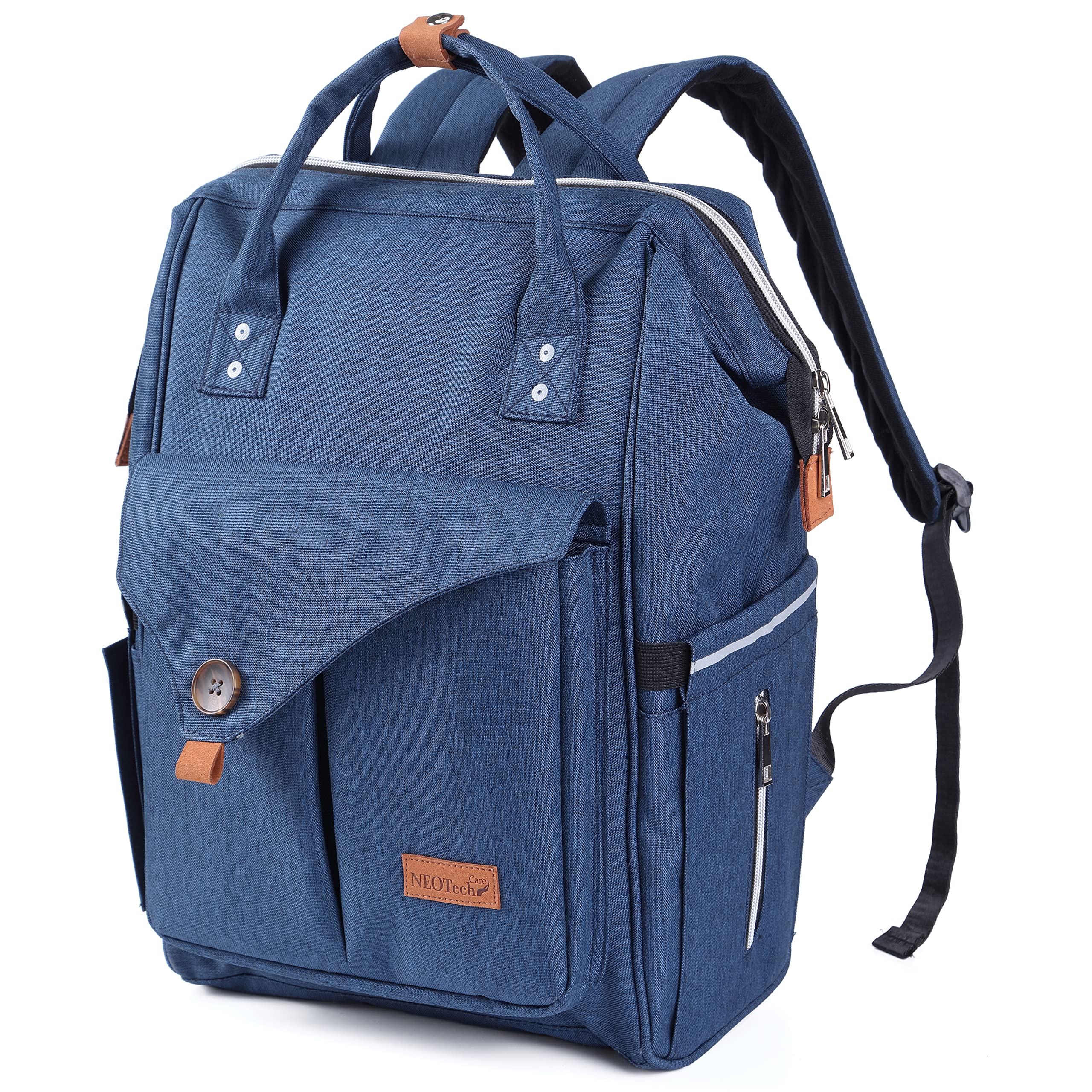 NeoTech Care diaper bag blue with wide opening for easy one-handed access.