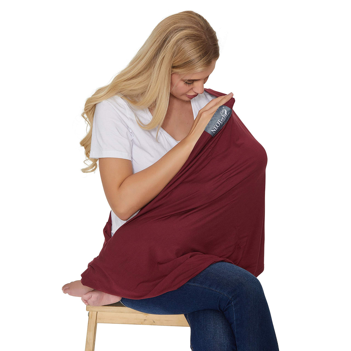 NeoTech Care nursing cover in burgundy shows soft fabric for comfortable privacy.