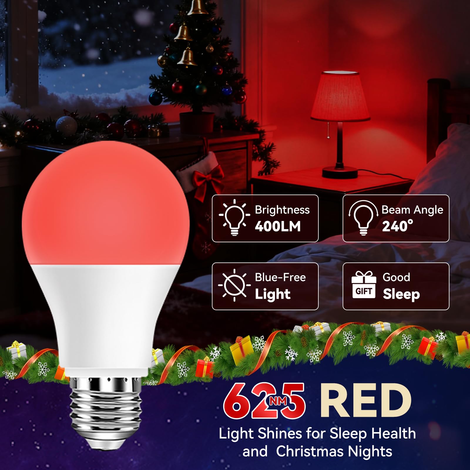 Close-up of Neporal red light bulb showing 625nm wavelength and high CRI