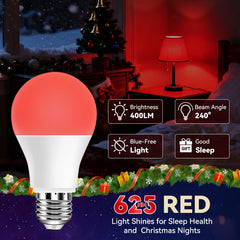 Close-up of Neporal red light bulb showing 625nm wavelength and high CRI
