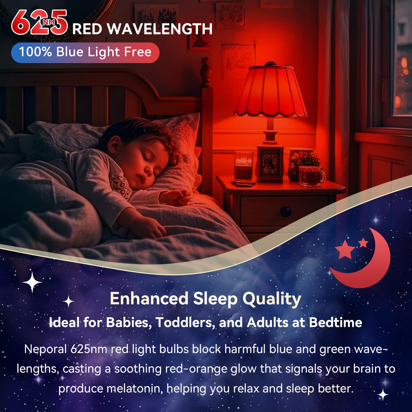 Neporal 3W red light bulb glowing in nursery during bedtime routine