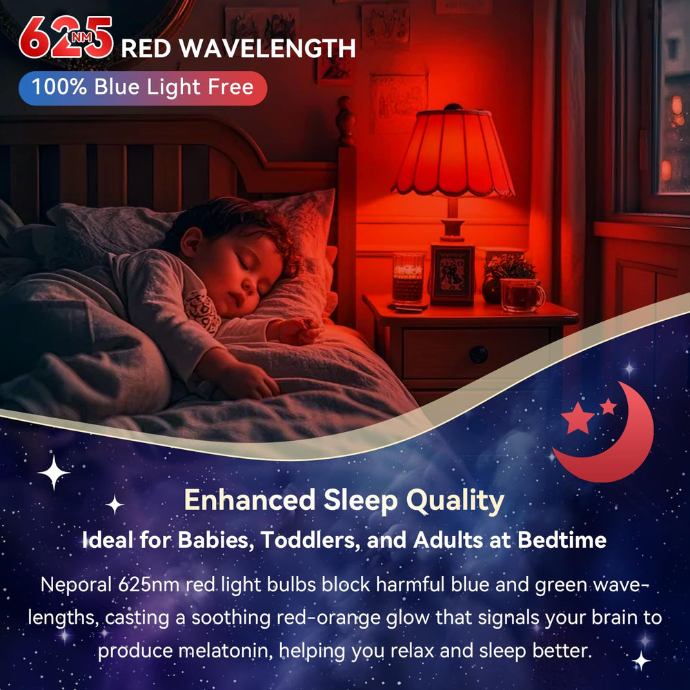 Neporal 3W red light bulb glowing in nursery during bedtime routine