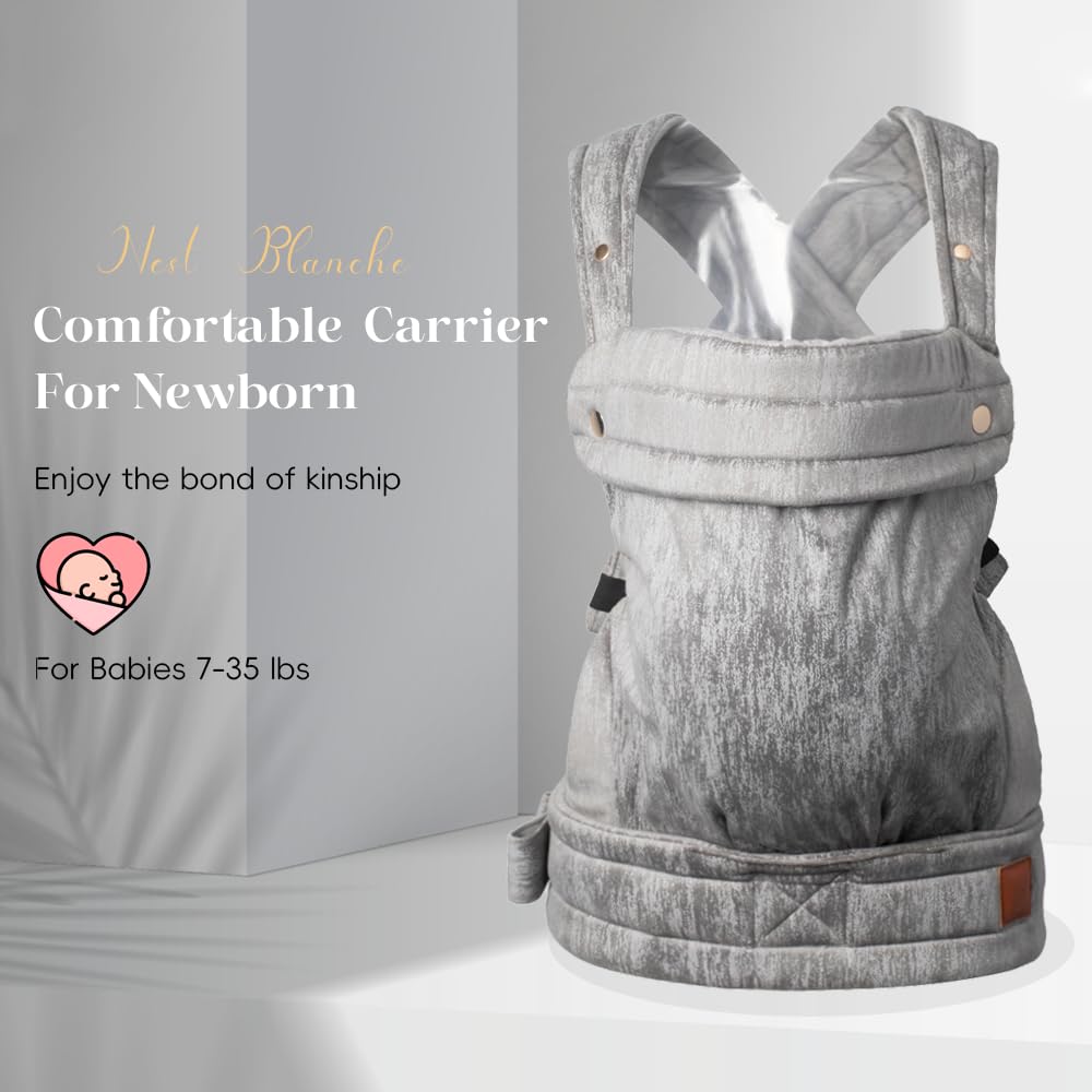 NEST BLANCHE baby carrier gray back-facing wear demonstrates weight distribution for easier carrying