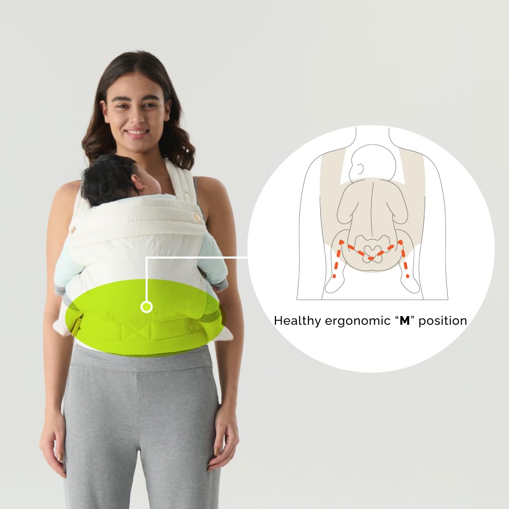 Nest Blanche back-carry ergonomic position highlights comfortable parenting for longer wear.