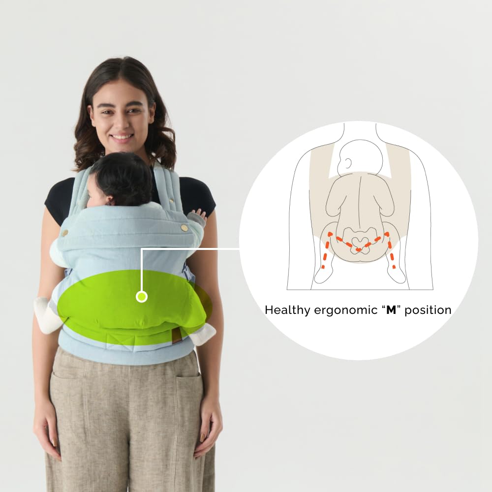 Nest Blanche denim carrier with padded legs for infant comfort.