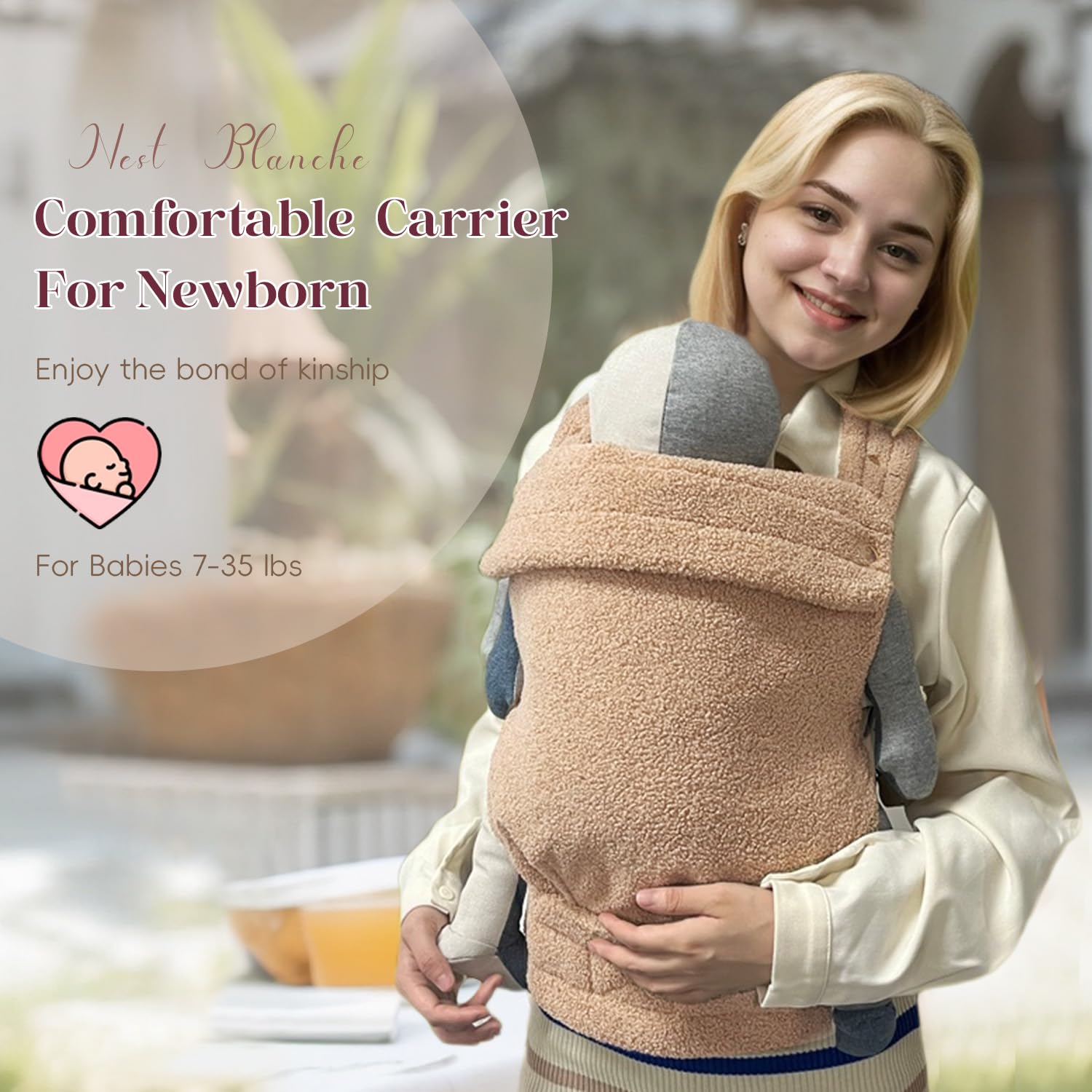 Nest Blanche ergonomic baby carrier adjustable-backpack design supports growing babies.