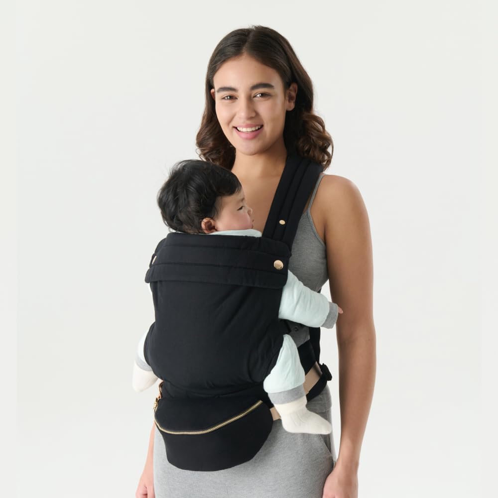 Nest Blanche hip-position guide image illustrating M-position for hip-friendly carrying.
