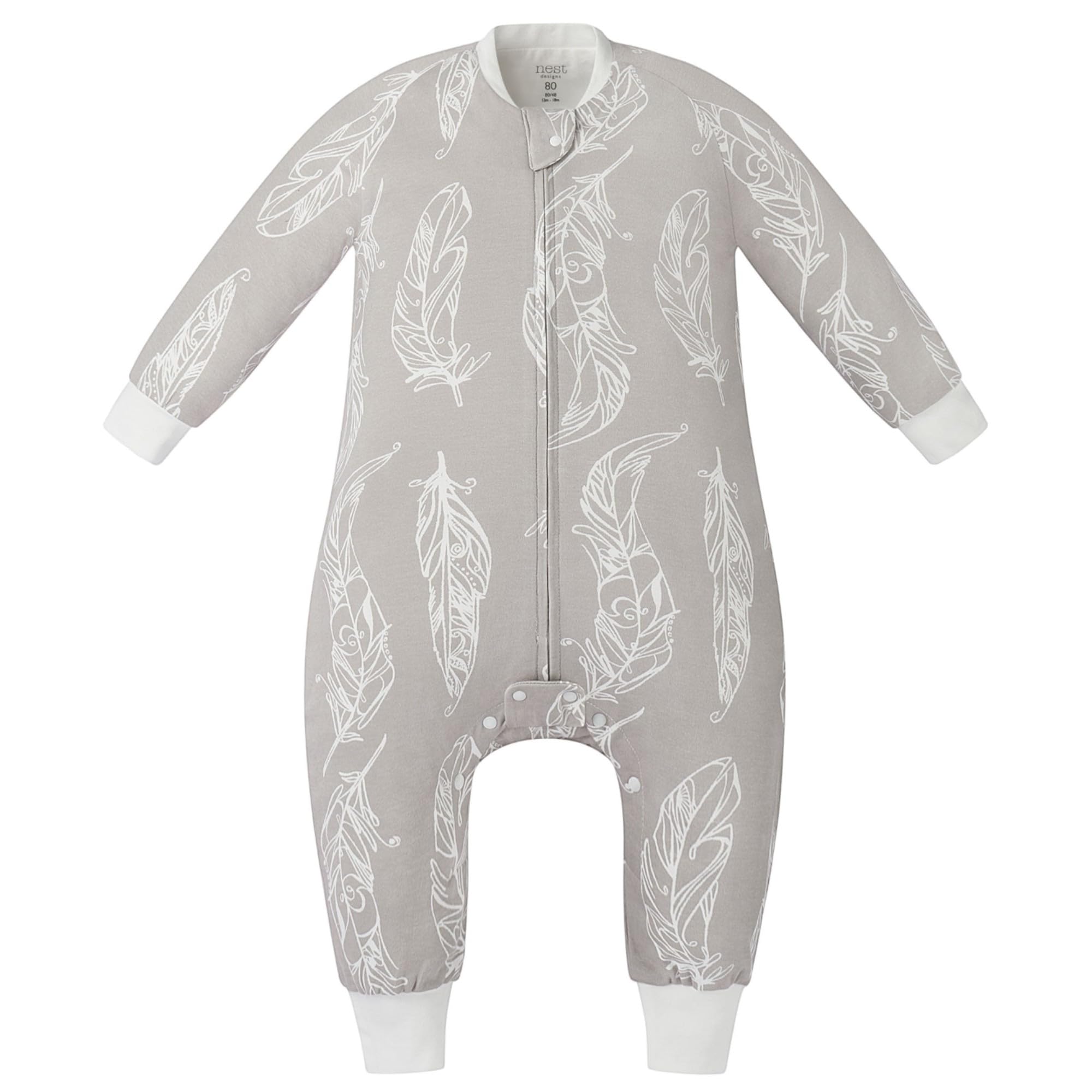 Nest Designs organic cotton sleeve-footed sleep bag in feather grey supports year-round comfort.