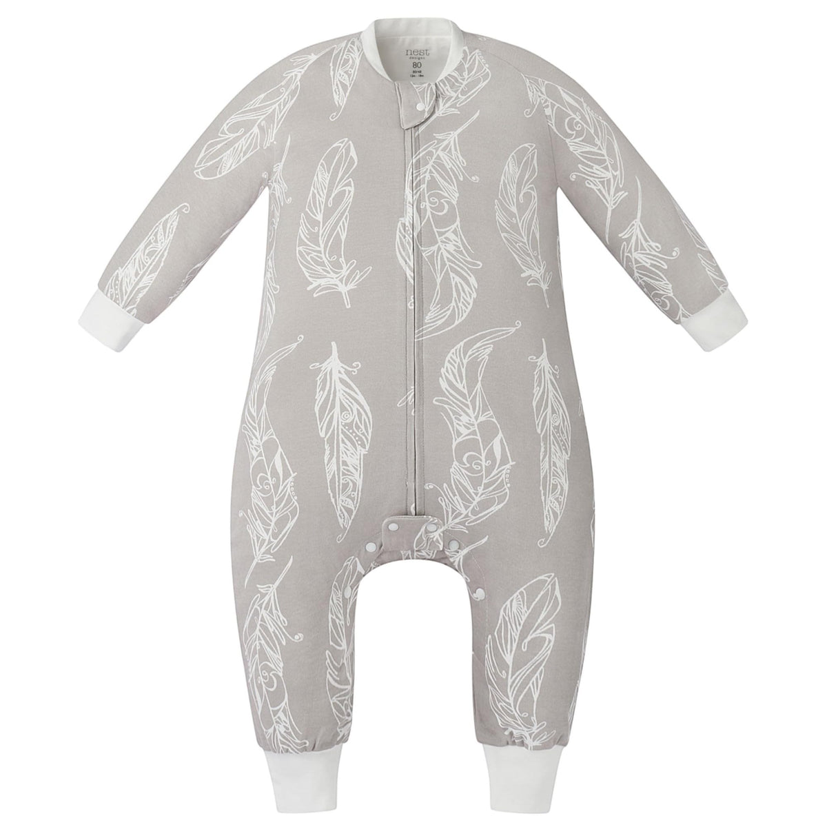 Nest Designs organic cotton sleeve-footed sleep bag in feather grey supports year-round comfort.