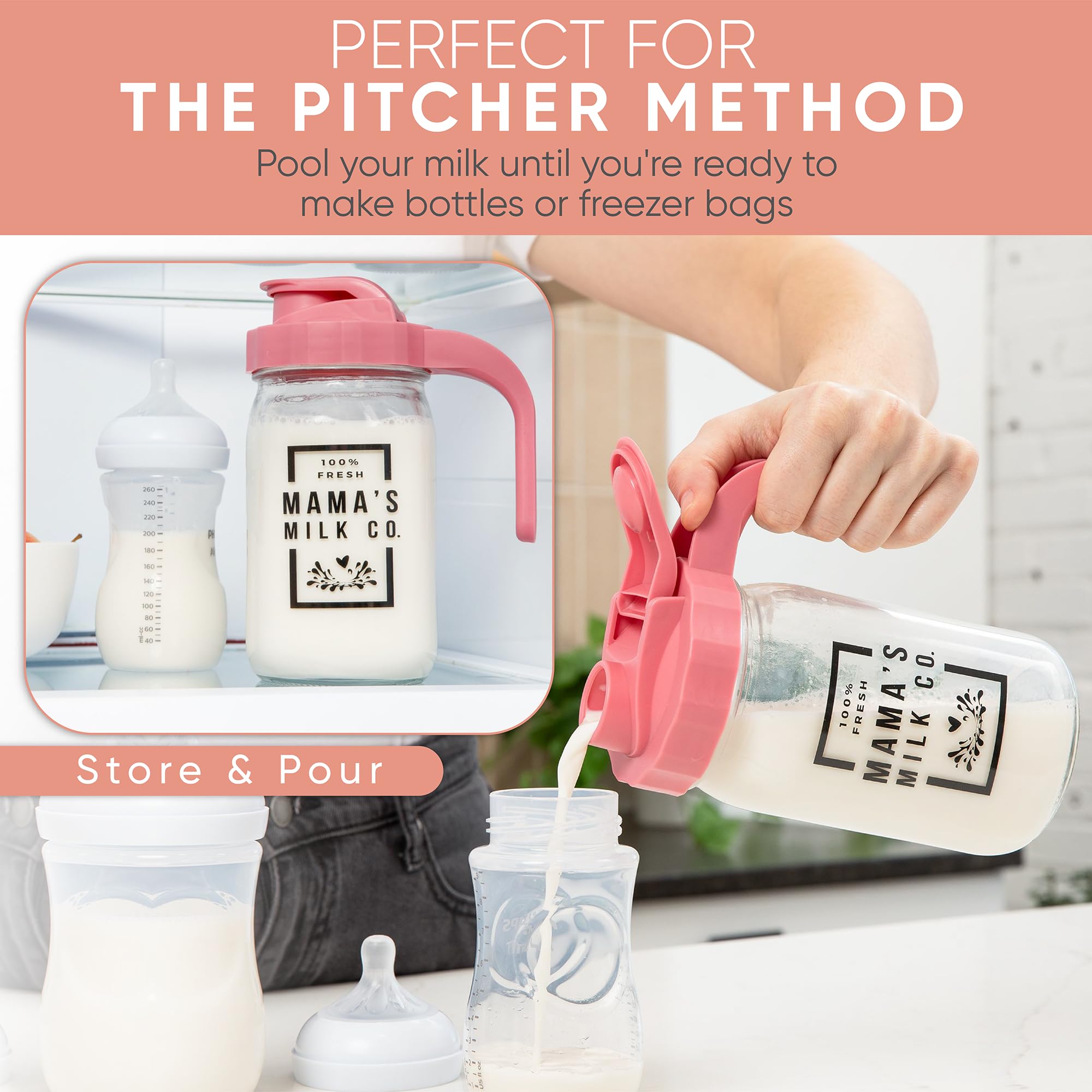 Nestberry breast milk storage pitcher fits neatly in the fridge when full