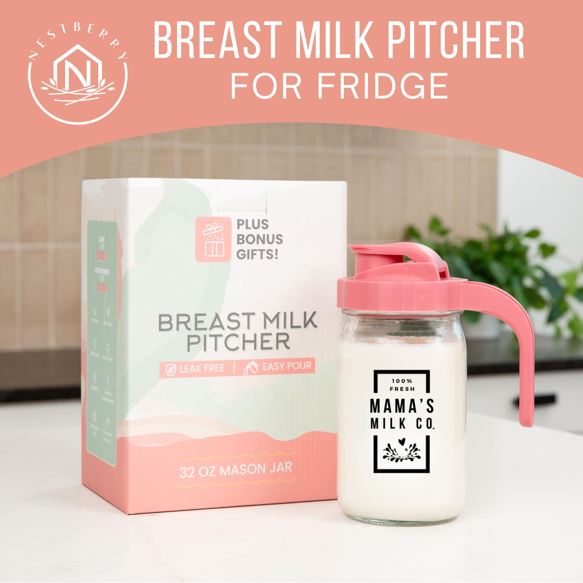 Nestberry glass breastmilk pitcher showcasing durable, safe milk storage