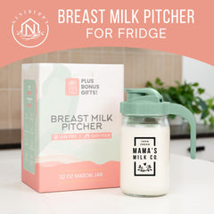 Nestberry breast milk pitcher with leak-proof lid keeps milk secure in the fridge