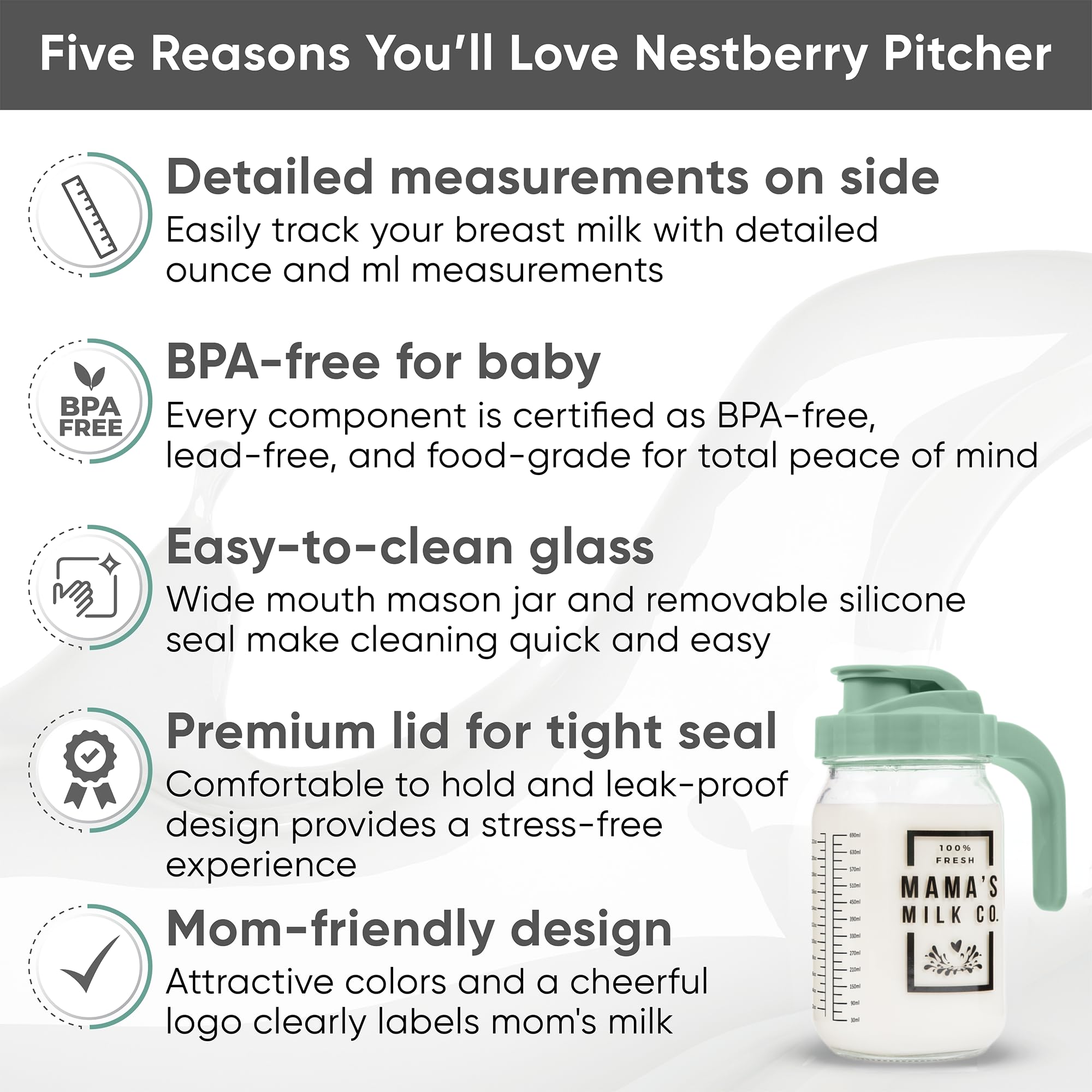 Nestberry breast milk pitcher measurement scale supports accurate foremilk and hindmilk portions