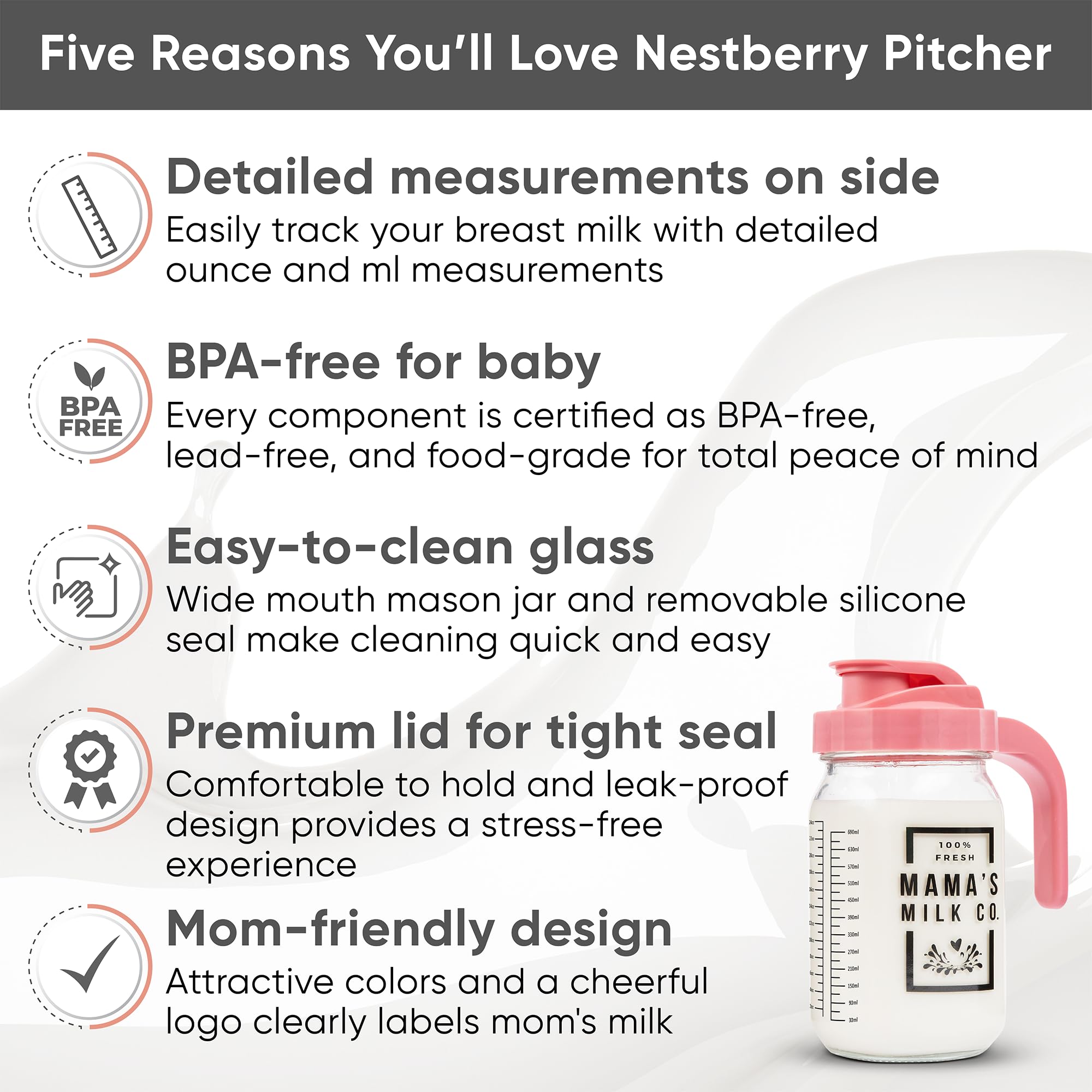 Nestberry breastmilk pitcher pour spout enabling easy bottle prep
