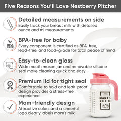 Nestberry breastmilk pitcher pour spout enabling easy bottle prep