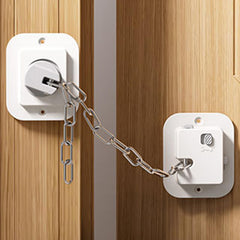 NestGuard child proof door lock with adjustable strap shows tool-free installation.