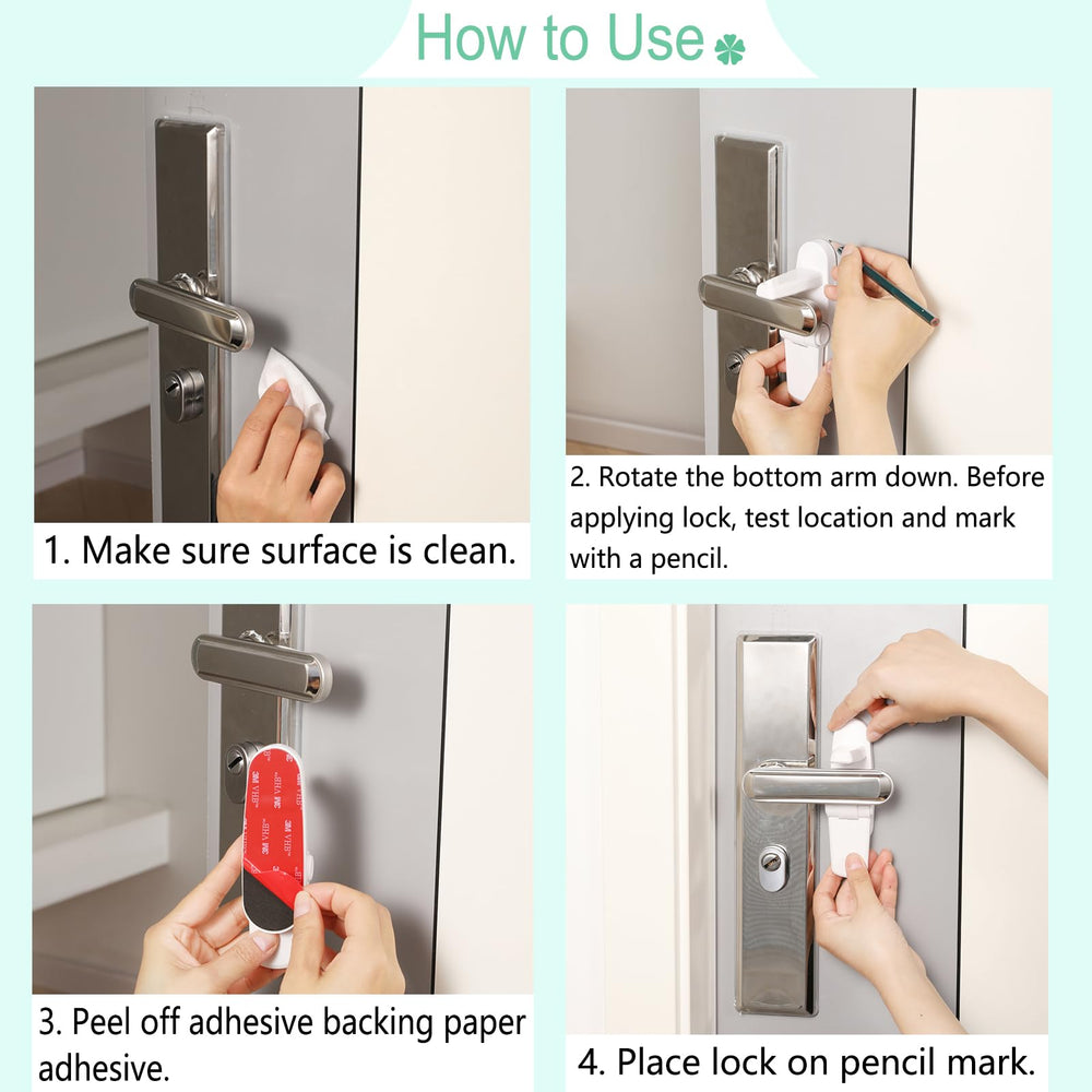 NestGuard door lever lock with 3M adhesive on smooth door surface for quick mounting