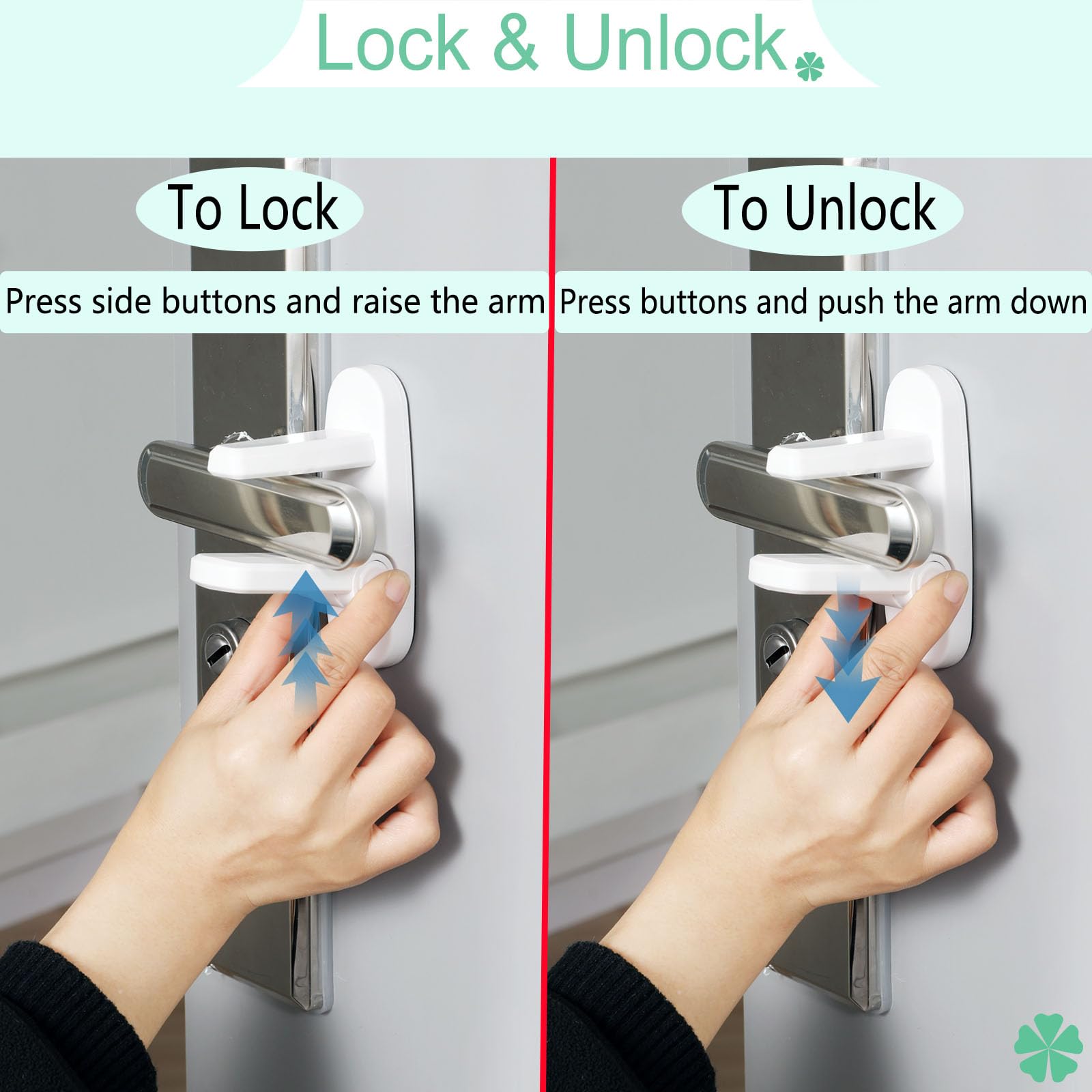 NestGuard dual-button lever detail highlights child safety and ease.