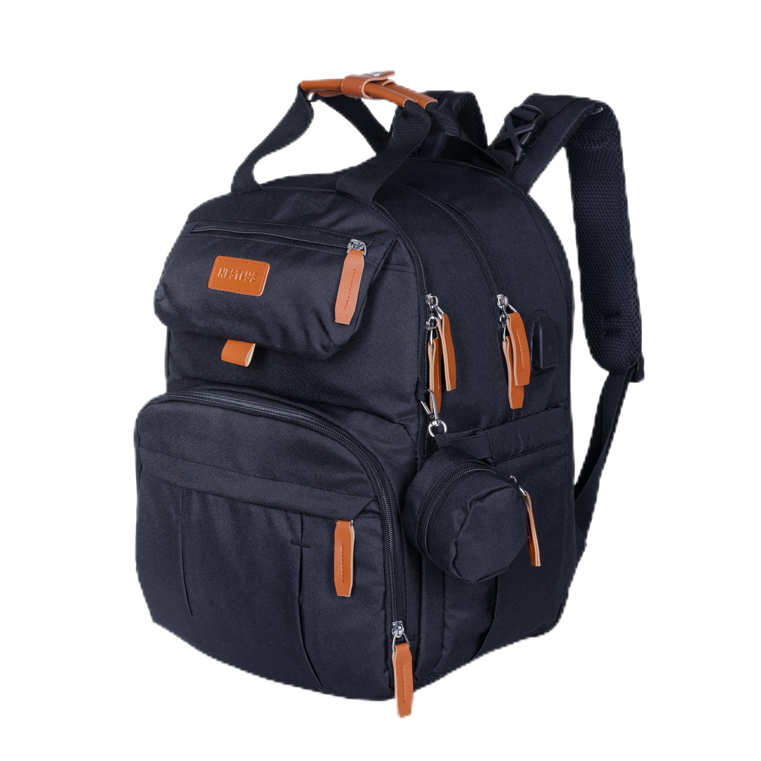 Nestlys Expandable Diaper Bag Backpack side view, sleek black design for organized travel with quick-access pockets.