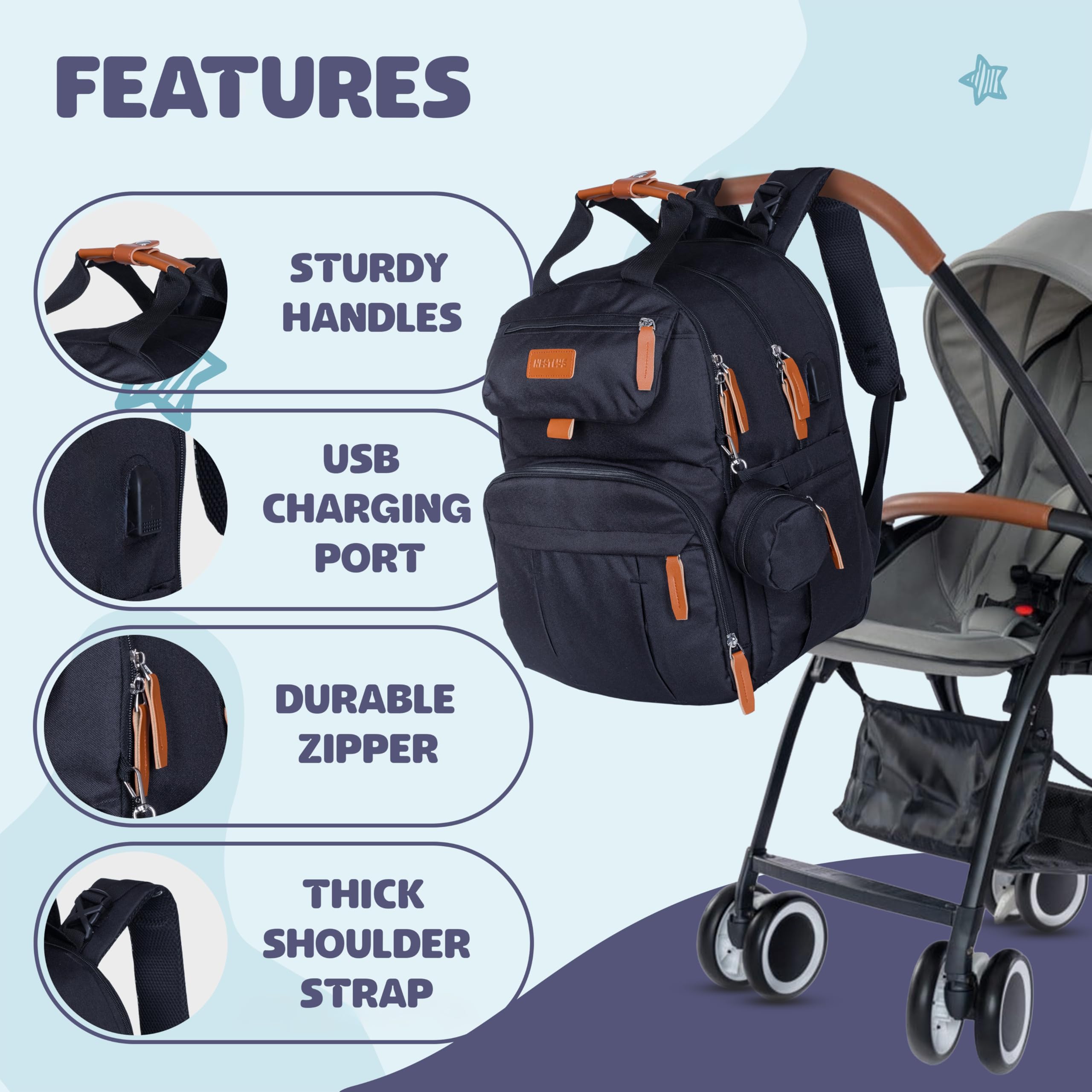 Nestlys Expandable Diaper Bag Backpack inner compartments reveal easy baby-essentials organization.