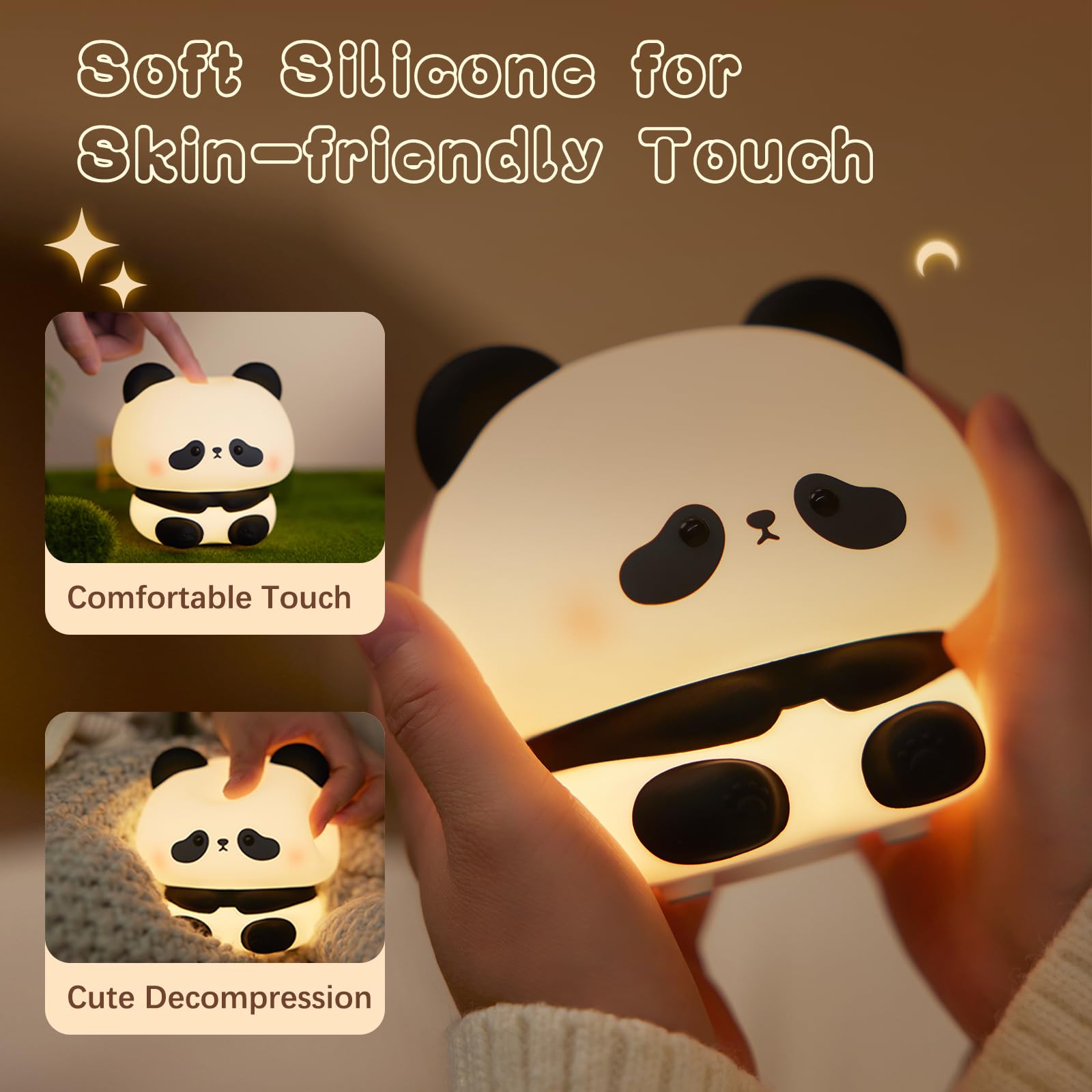NesveCit panda night light in use bedside shows gentle 3000K glow