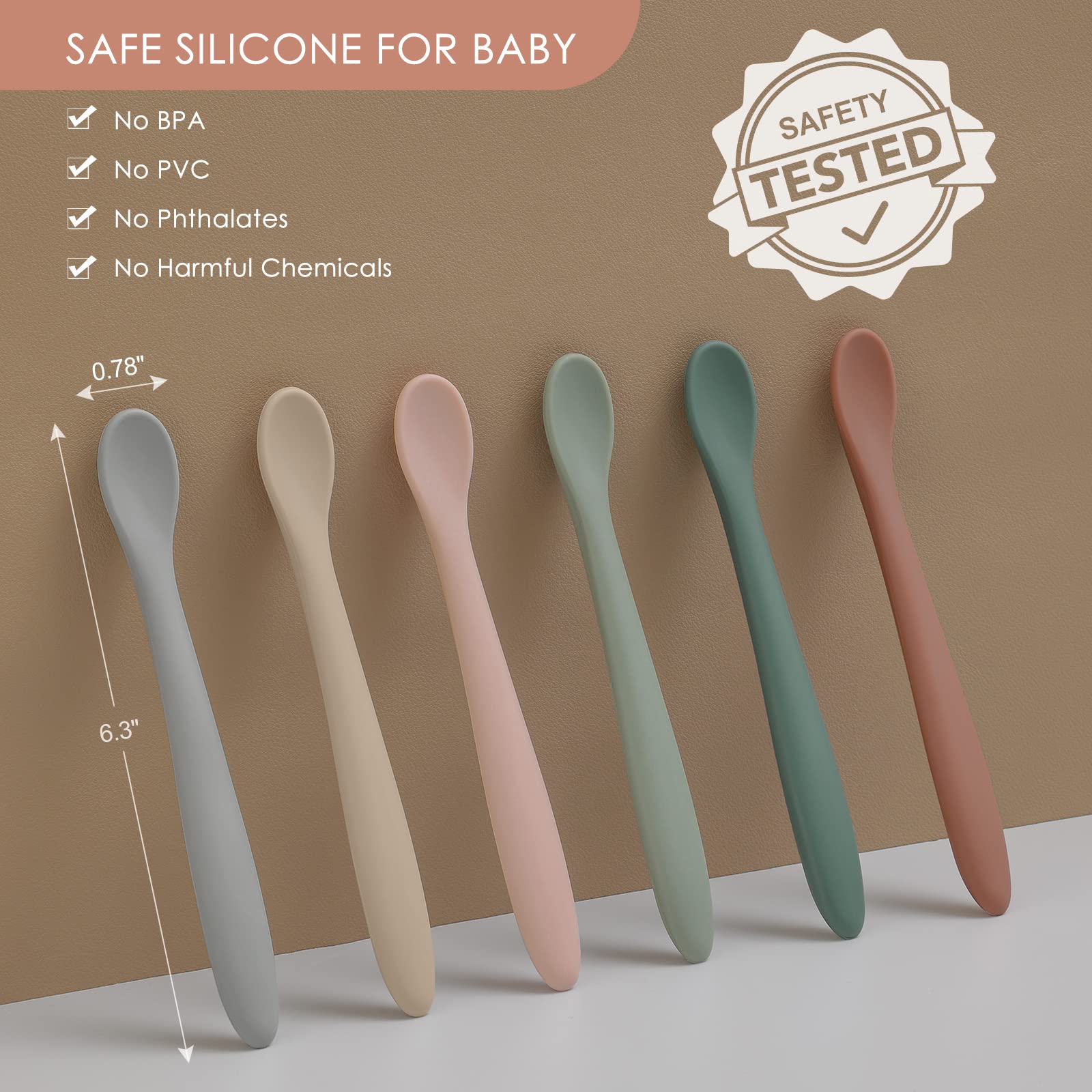 Close-up of soft-tip spoons highlighting safe, baby-friendly silicone material.