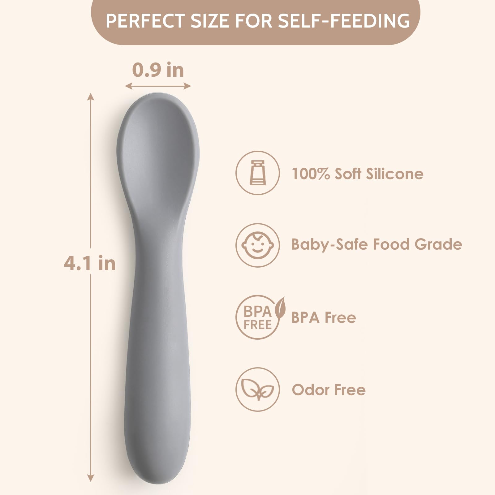 NETANY soft-tip silicone spoon close-up highlighting gentle texture for baby's mouth.