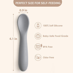 NETANY soft-tip silicone spoon close-up highlighting gentle texture for baby's mouth.