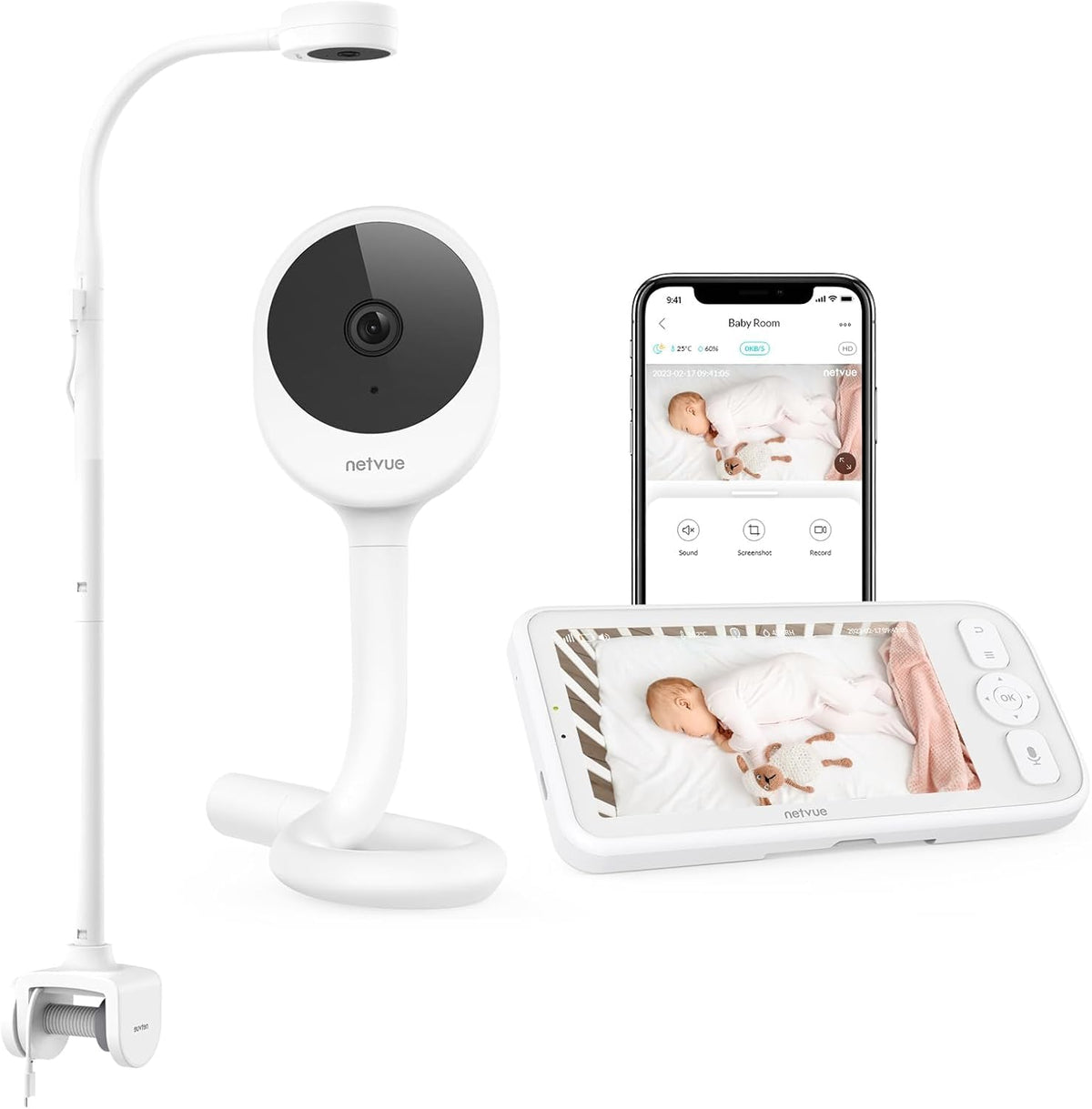 NETVUE Peekababy 5in display offers crystal-clear live video for easy baby monitoring.