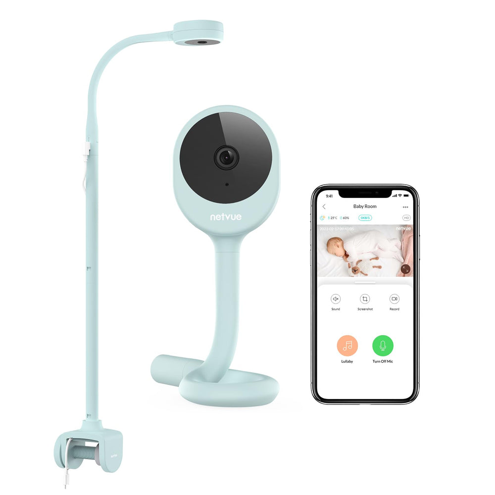 NETVUE Peekababy camera on 4-in-1 stand provides panoramic crib view for better monitoring.