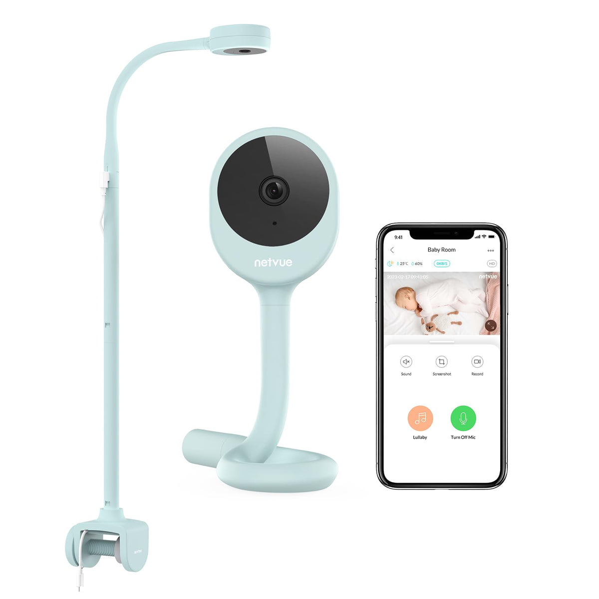 NETVUE Peekababy camera on 4-in-1 stand provides panoramic crib view for better monitoring.