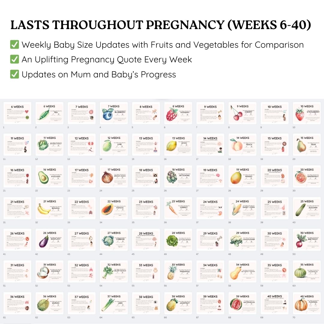 Newborn Nest fruit-and-vegetable growth illustrations track weekly progress