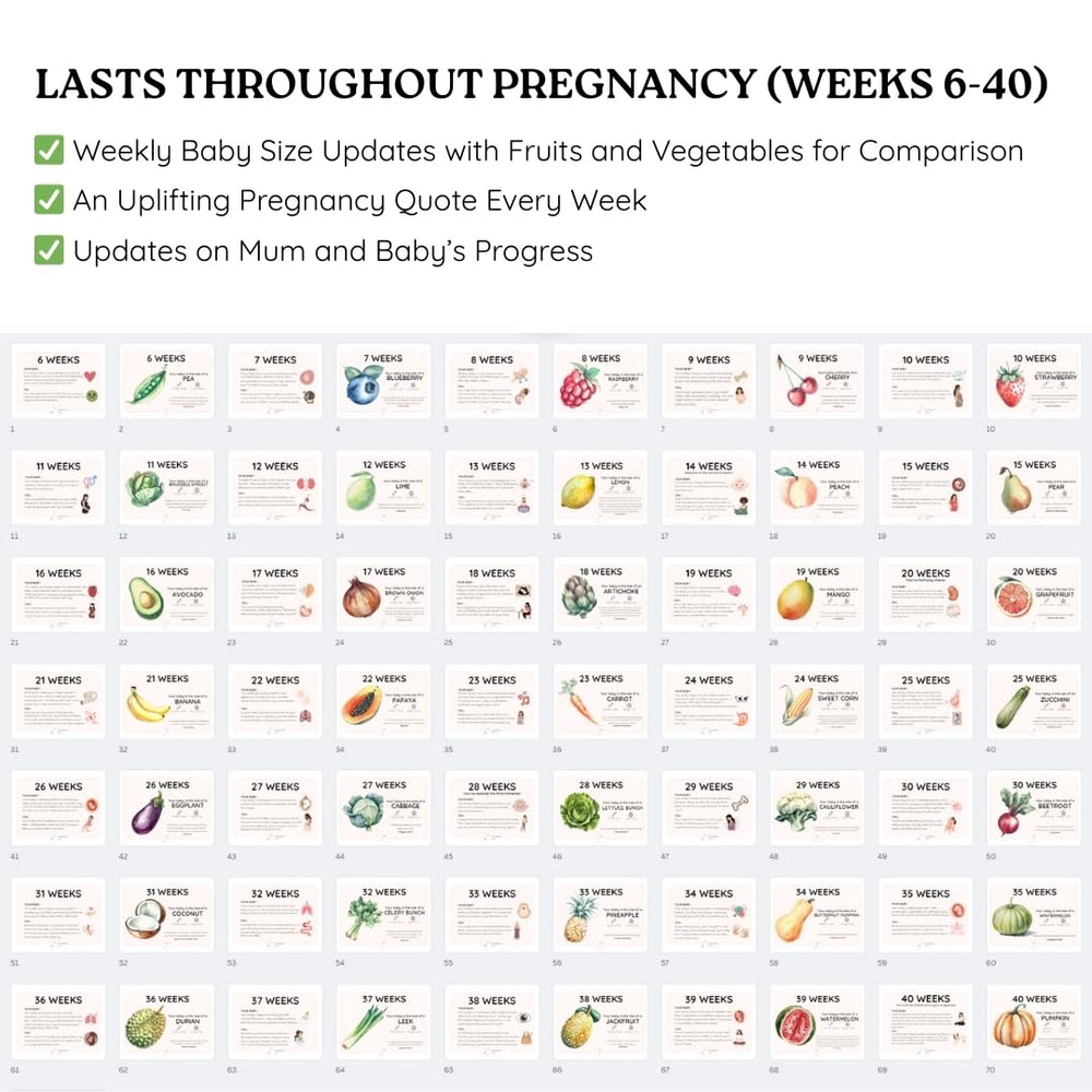 Newborn Nest fruit-and-vegetable growth illustrations track weekly progress