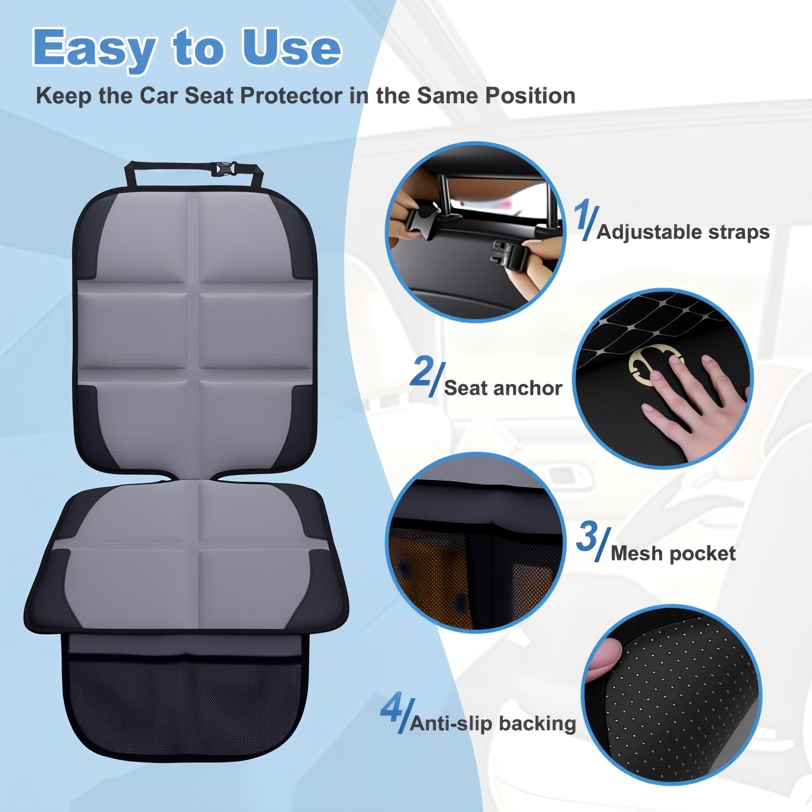 NEWFOM car-seat protector dimension diagram showing coverage