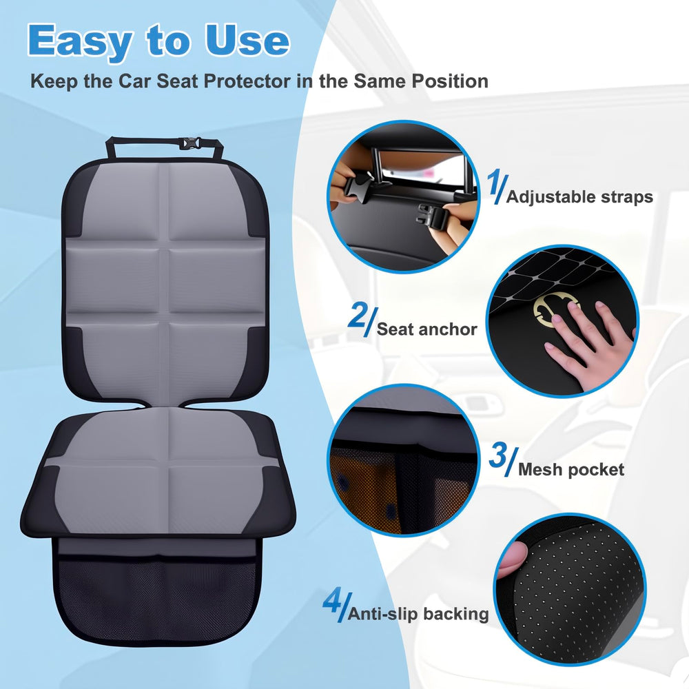 NEWFOM car-seat protector dimension diagram showing coverage