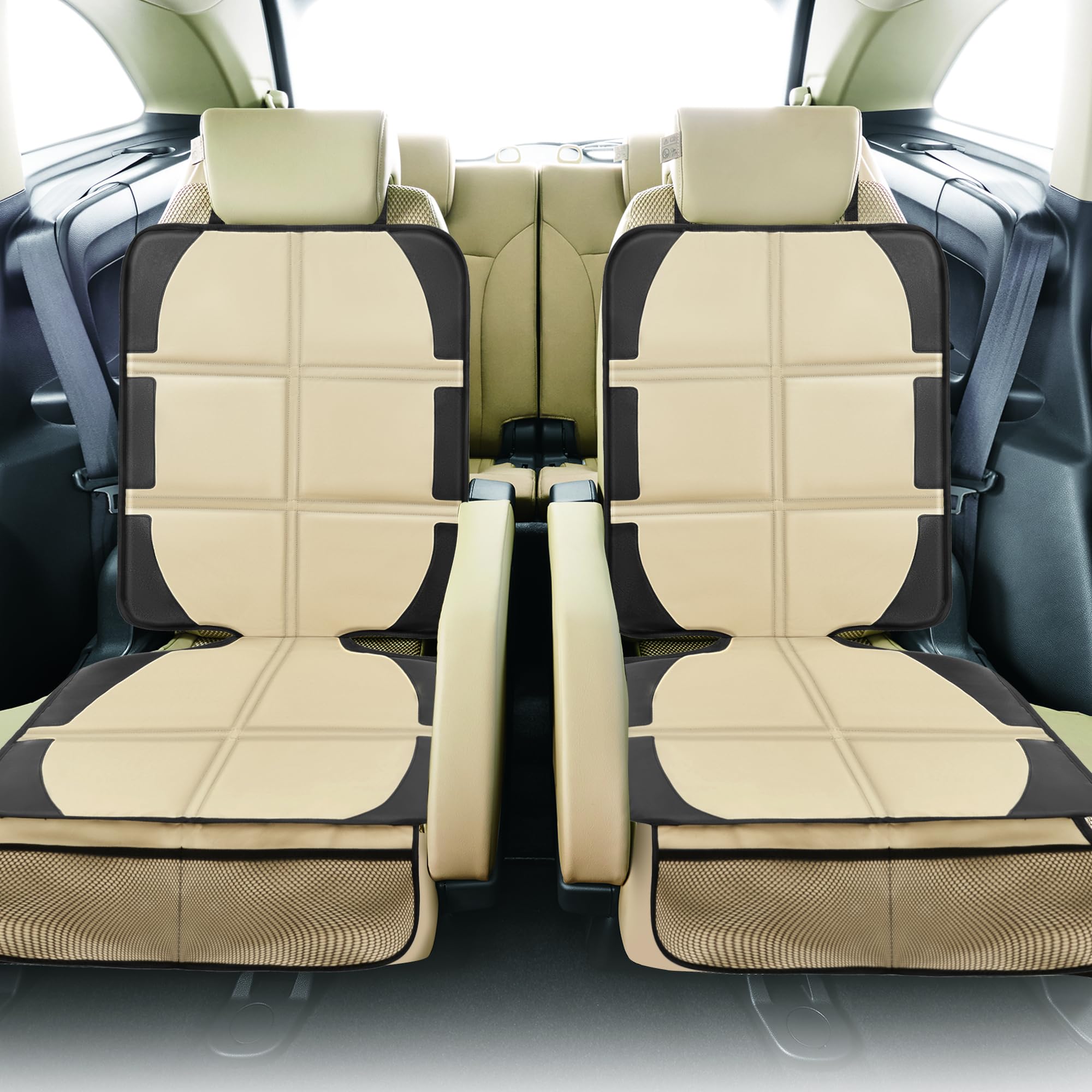 NEWFOM car seat protector dimensions illustrate broad back-seat coverage