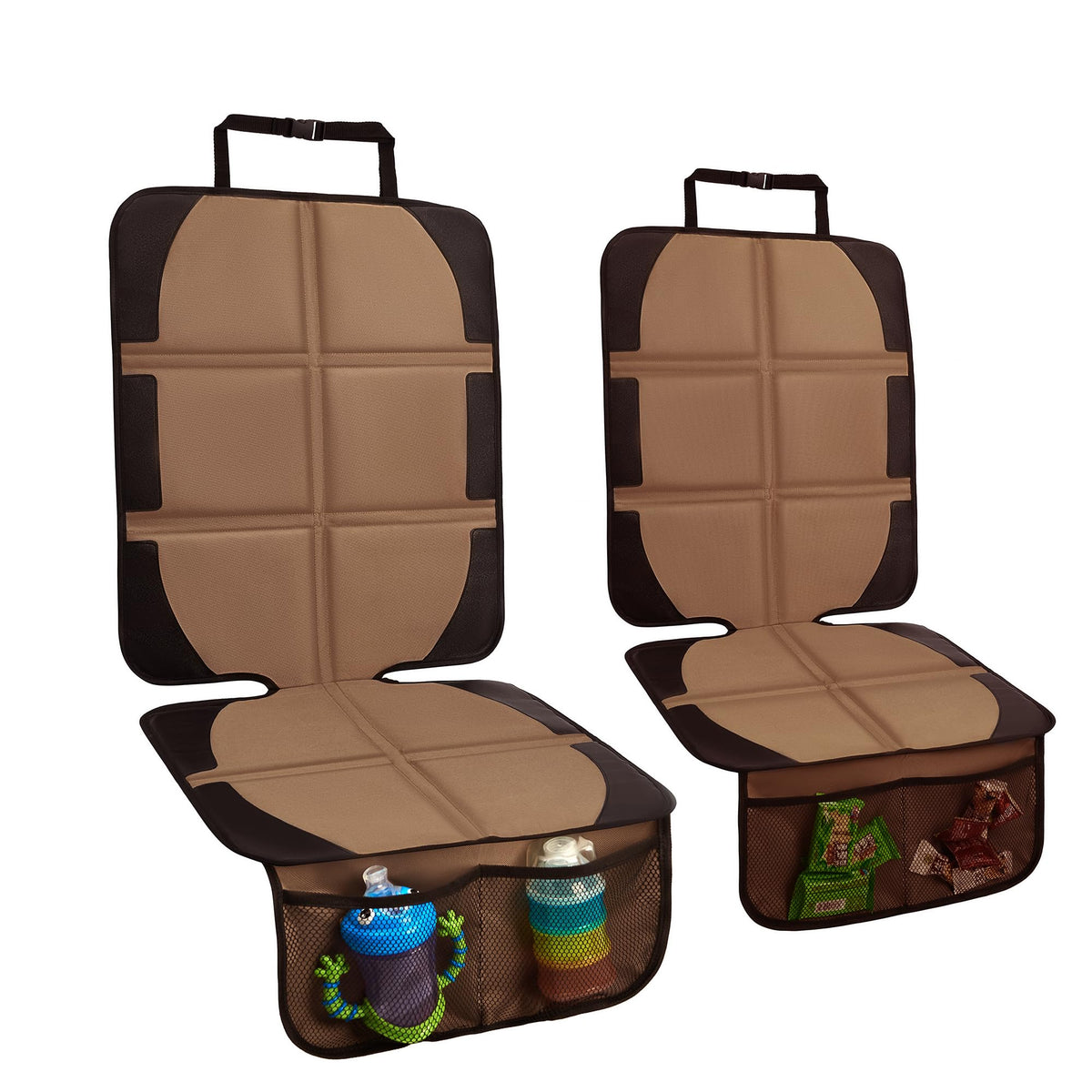 NEWFOM car seat protector 2-pack front view highlighting durable 600D fabric for travel protection.