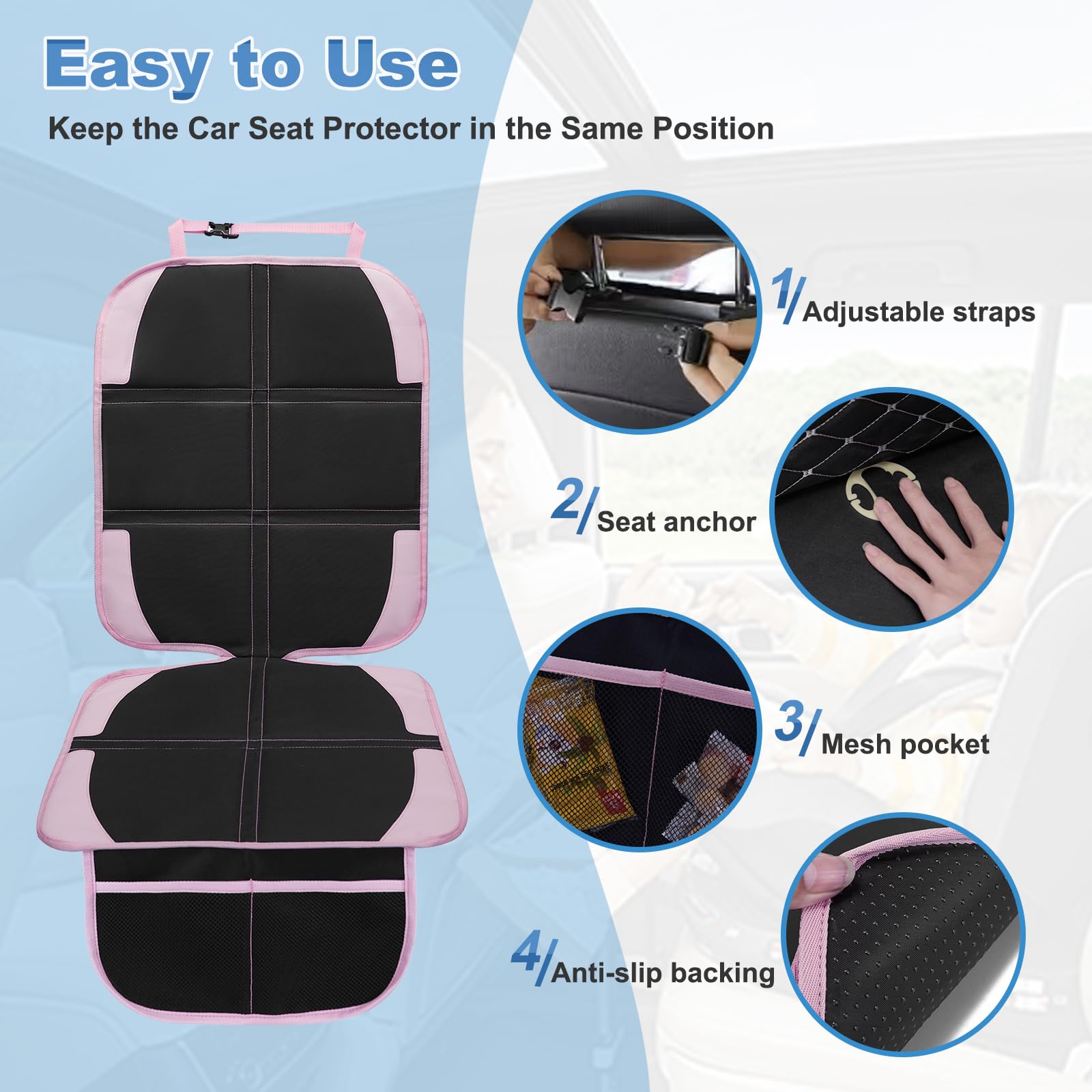 NEWFOM pink car seat protector with non-slip backing stays securely in place.