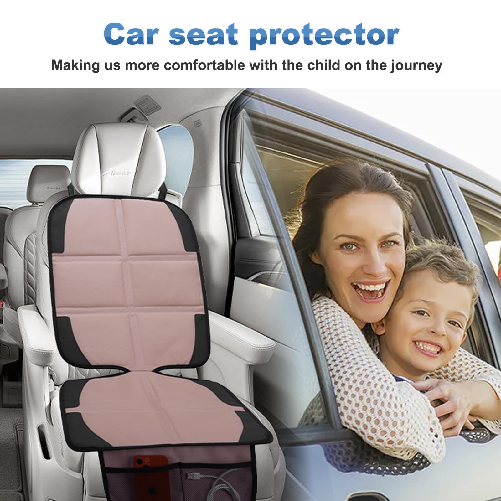 NEWFOM car seat protector installation image demonstrates quick, simple setup