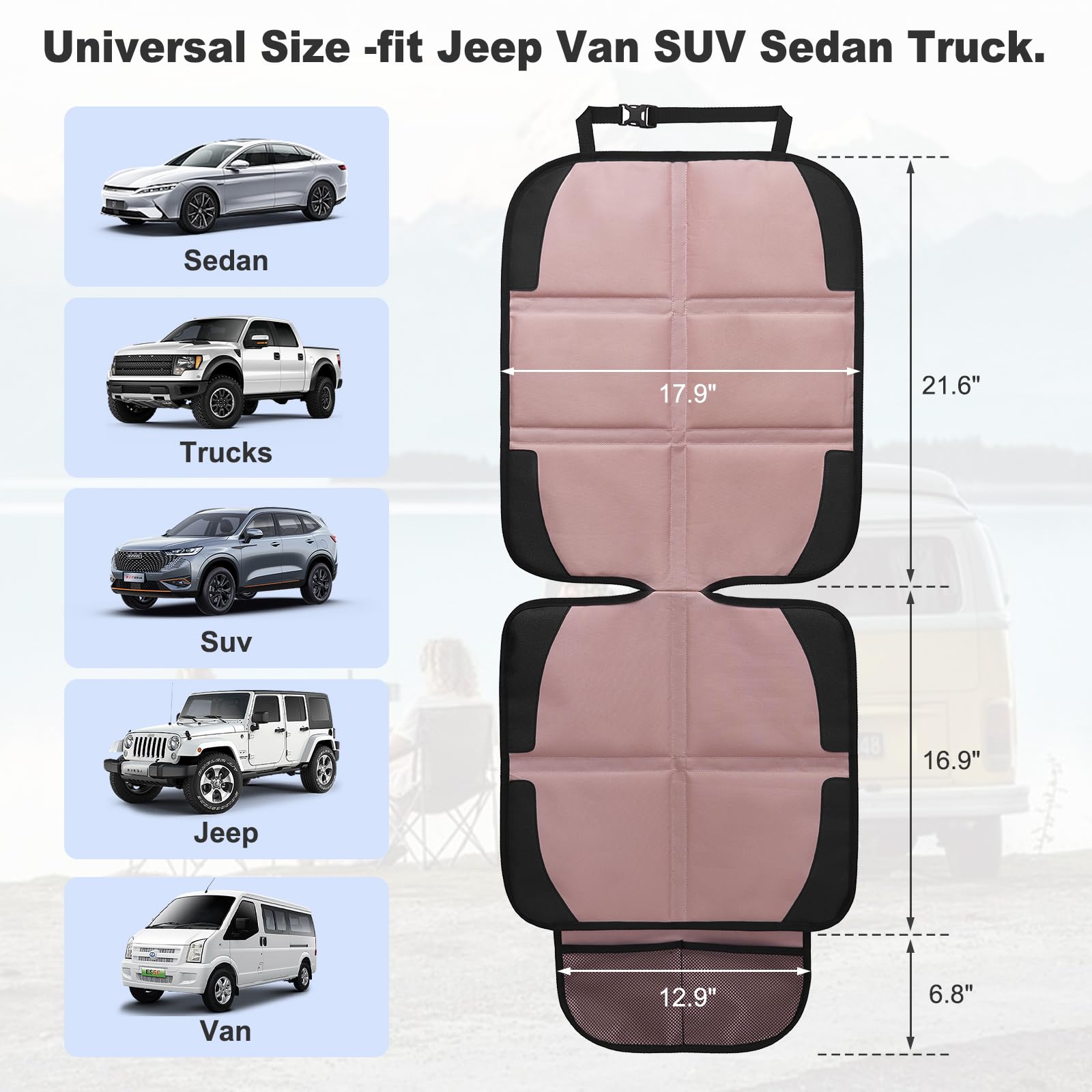 NEWFOM car seat protector back view highlights non-slip backing for secure seat fit