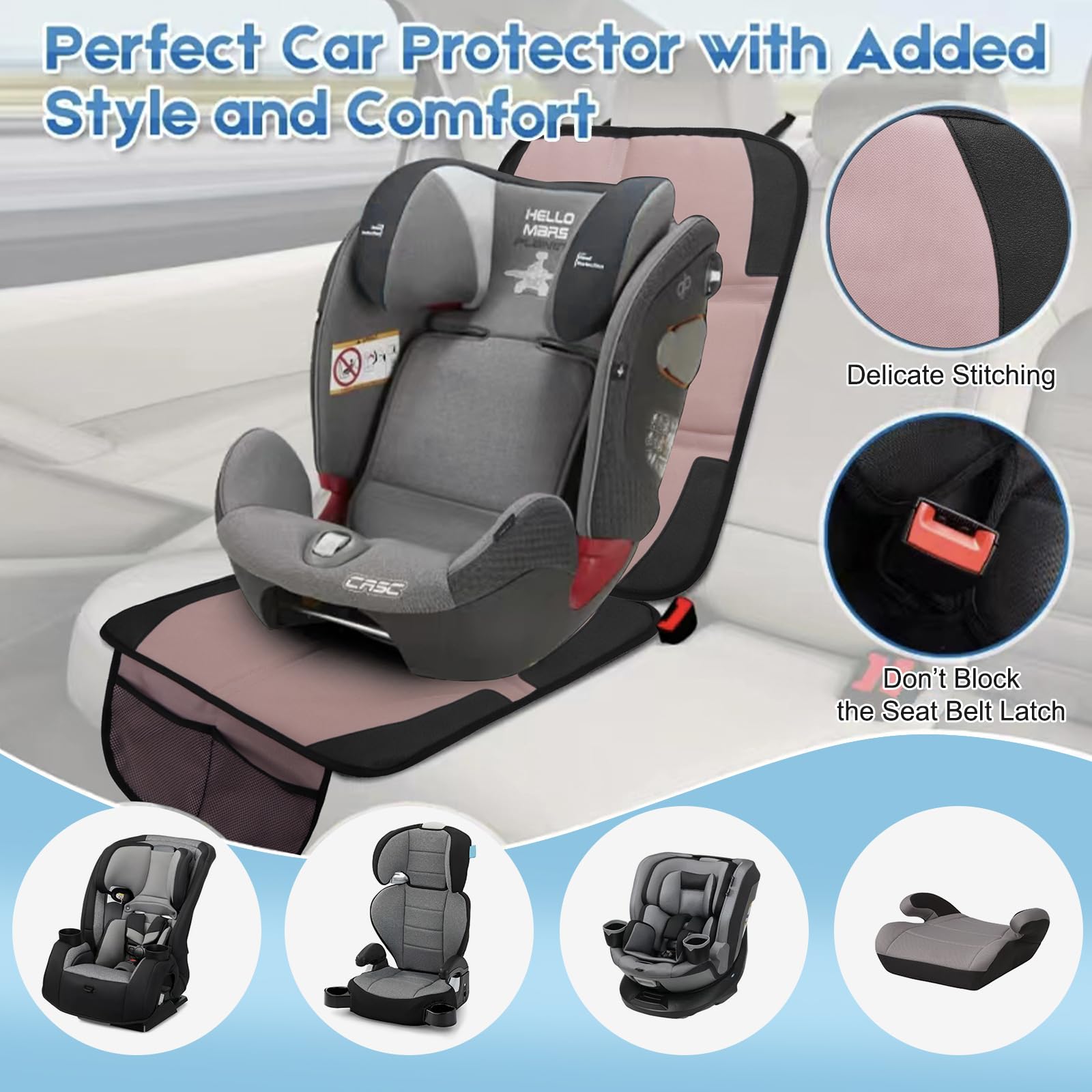 NEWFOM car seat protector fit-dimensions image shows universal compatibility