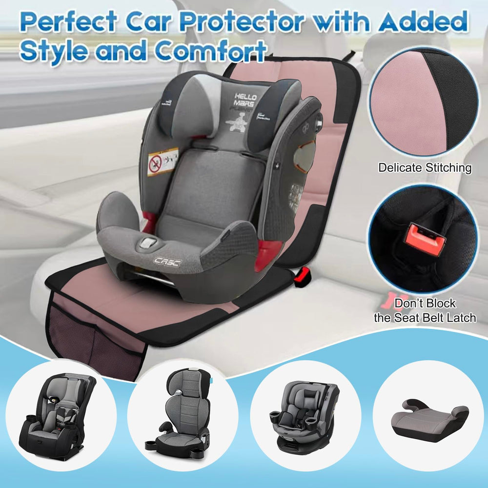 NEWFOM car seat protector fit-dimensions image shows universal compatibility