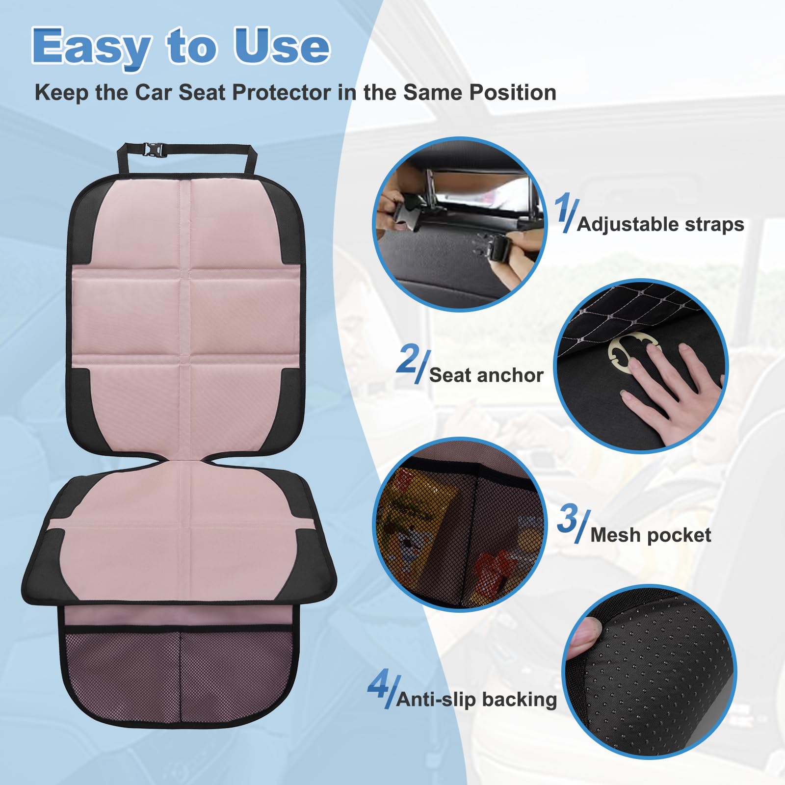 NEWFOM car seat protector mesh pockets provide storage for toys and tissues