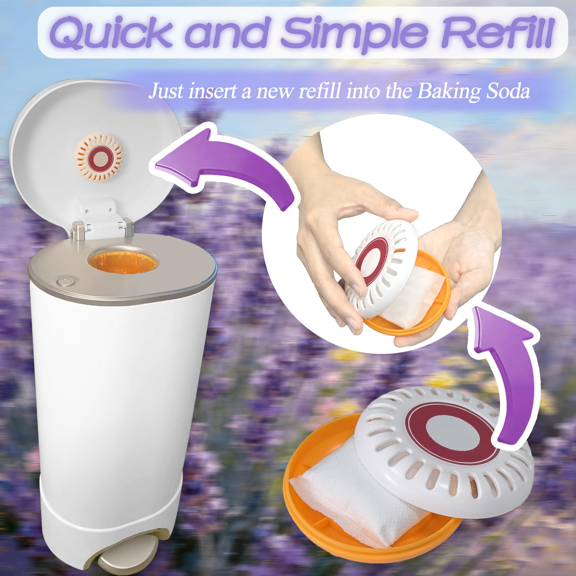 NEWKE diaper pail deodorizer in-use image suggests sustained freshness.